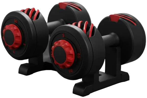 Set of adjustable dumbbells with red accents on a dark background