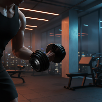 Dumbbells in use in dark gym