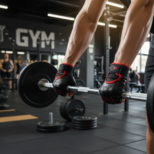 Person wearing lifting gloves in gym